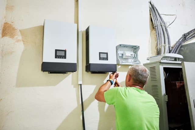Elektricien sluit een omvormer en zekeringkast aan