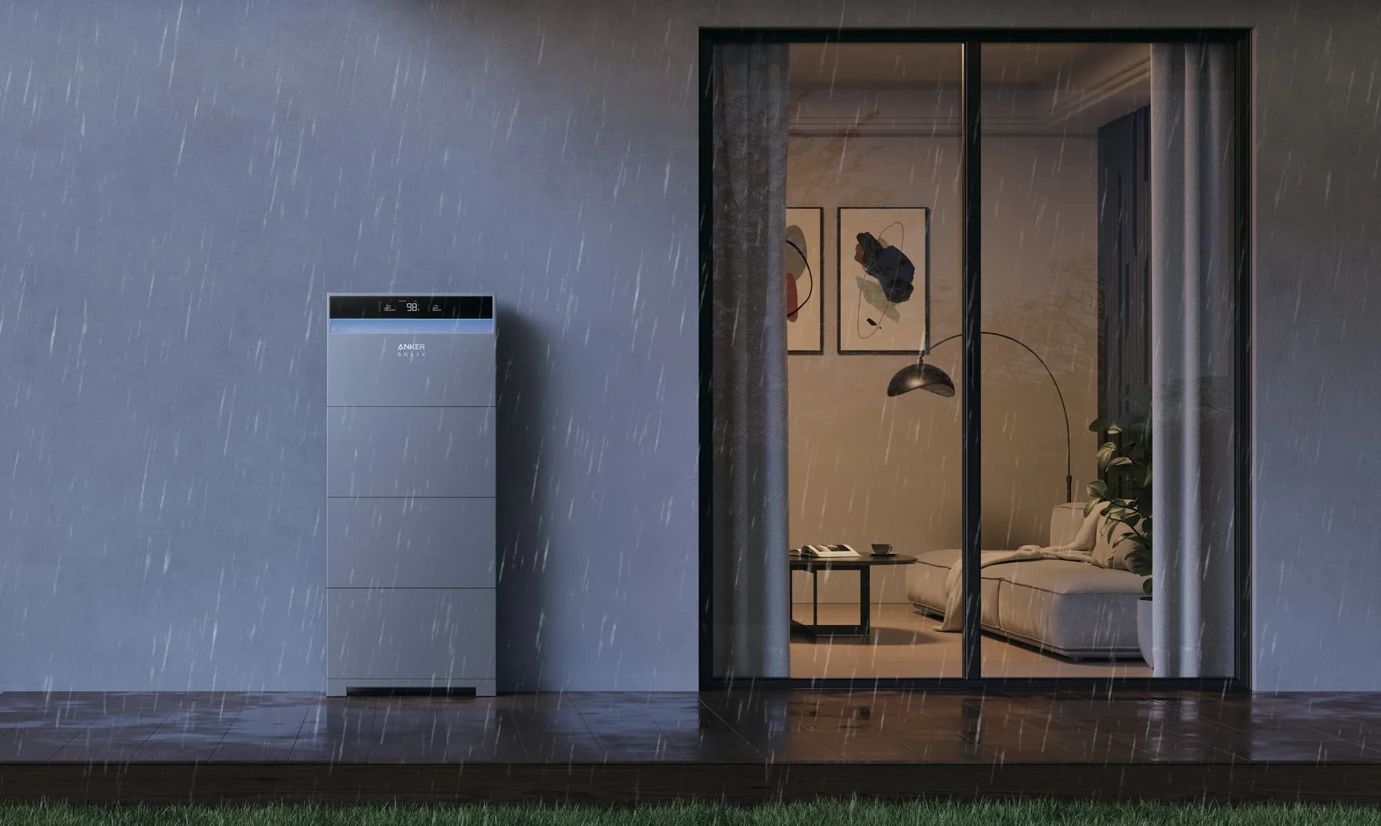 Anker SOLIX X1 buiten tegen de gevel in de regen