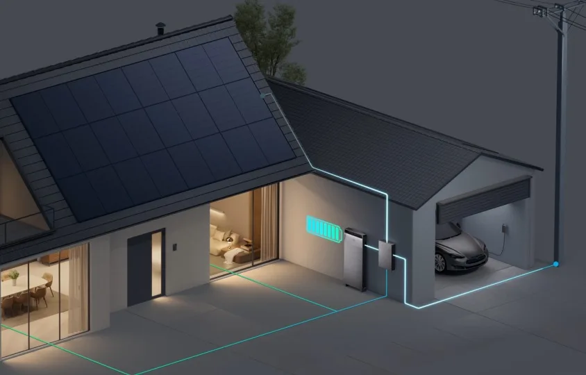 Woning met zonnepanelen, Anker SOLIX X1 en elektrische wagen, met de energiestroom in beeld
