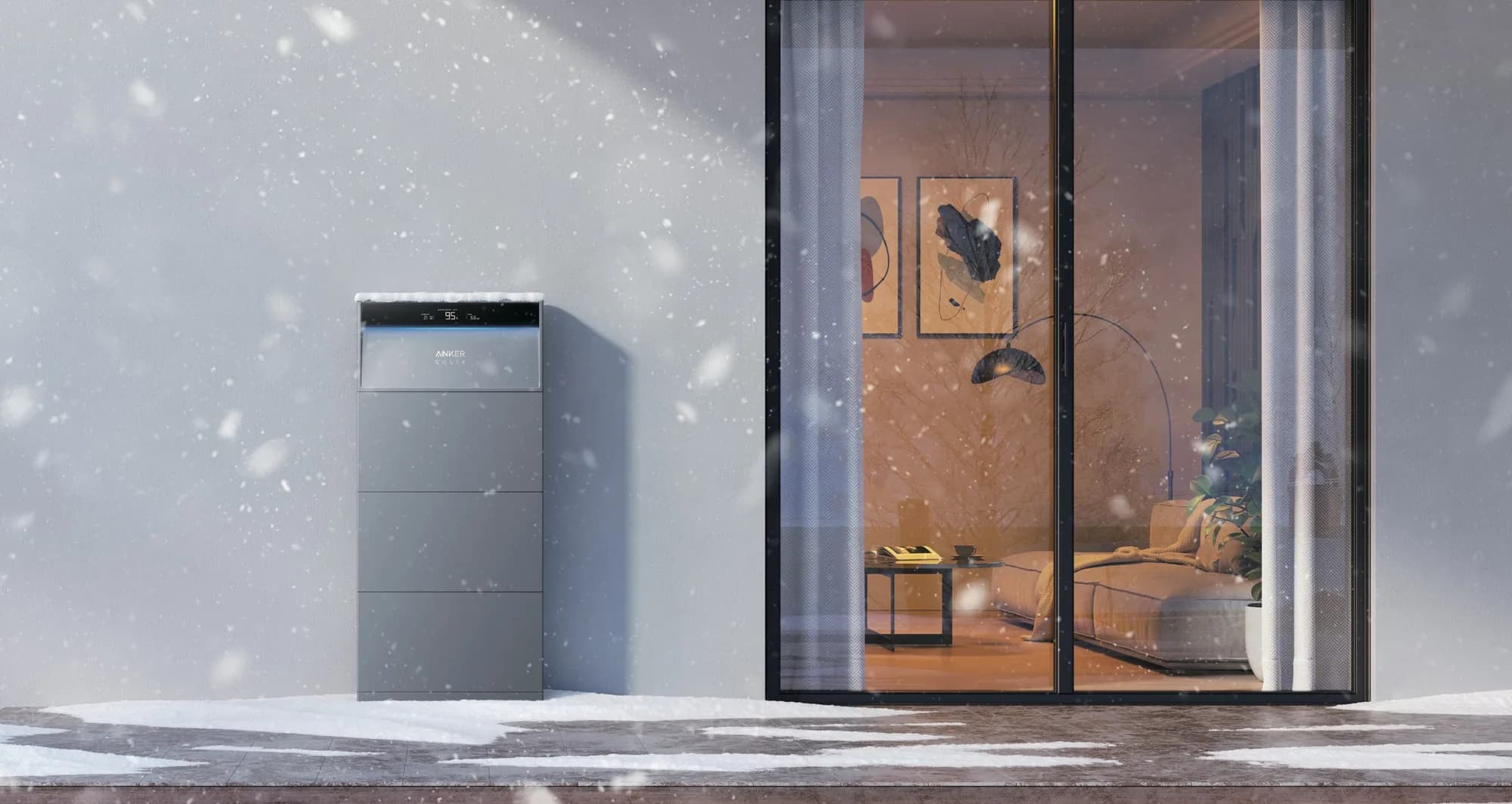 Anker SOLIX X1 buiten tegen de gevel in de sneeuw