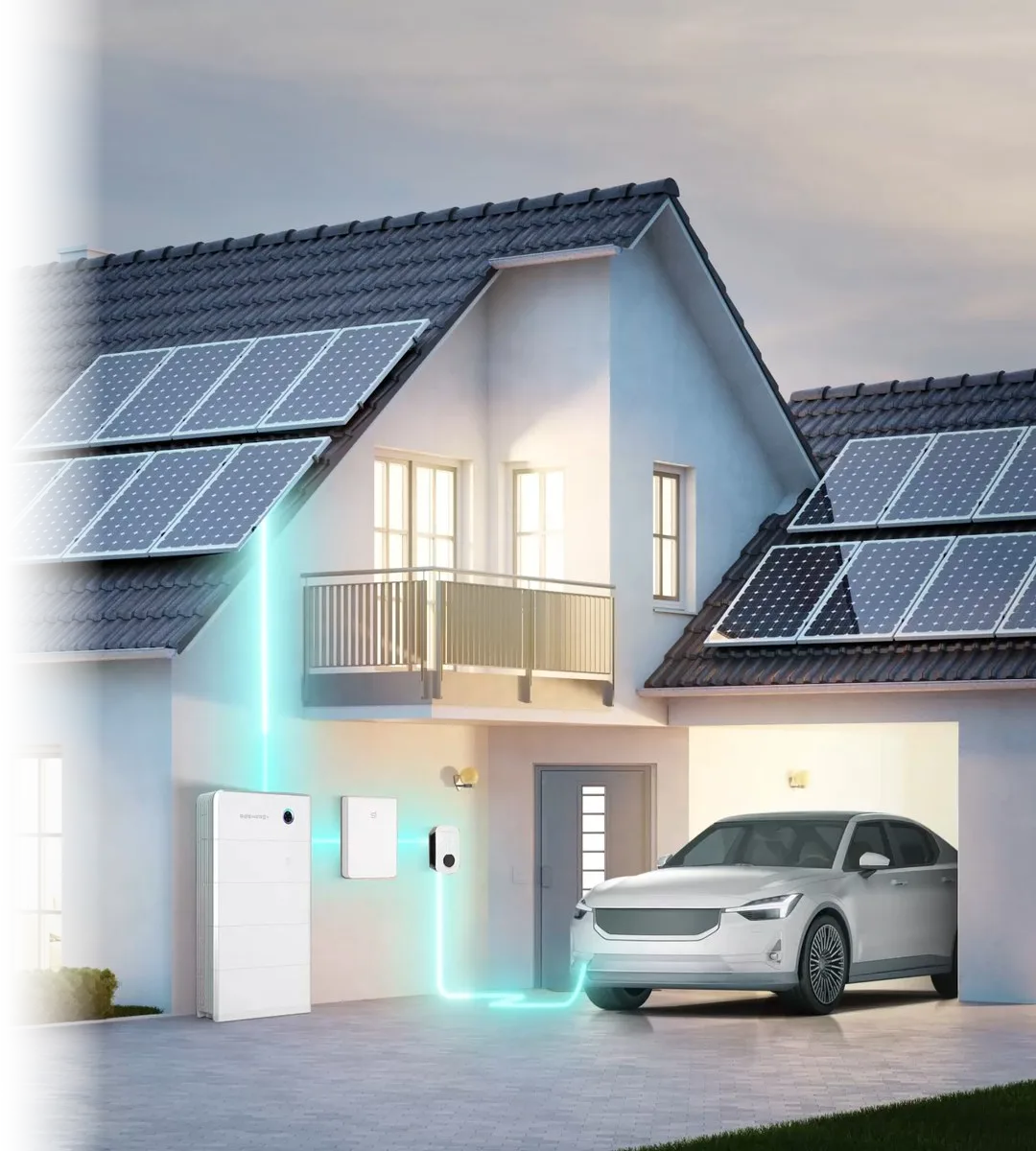 Woning met zonnepanelen, SigenStor tegen de gevel en een elektrische wagen