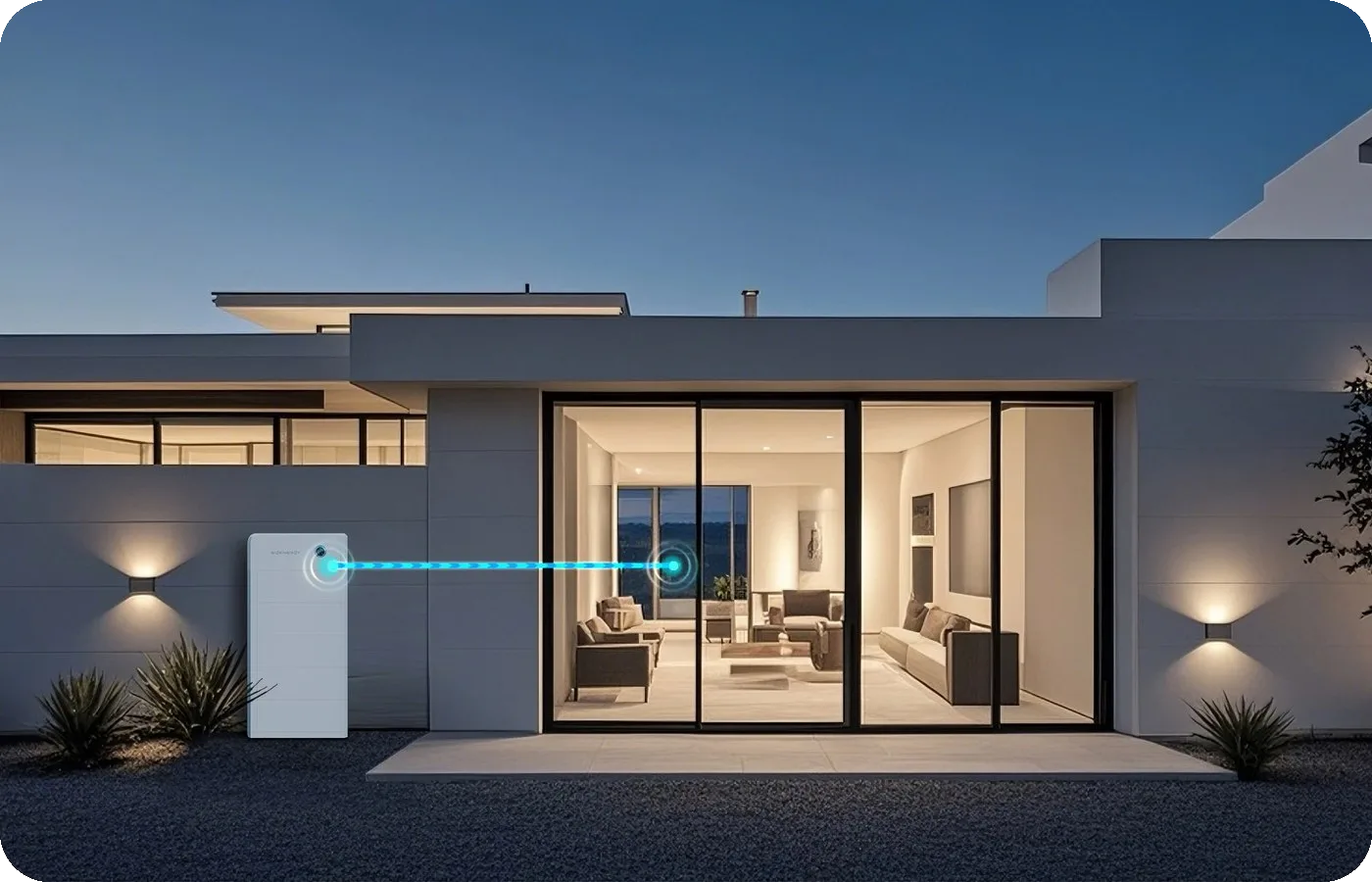 Moderne woning bij avond met SigenStor tegen de gevel