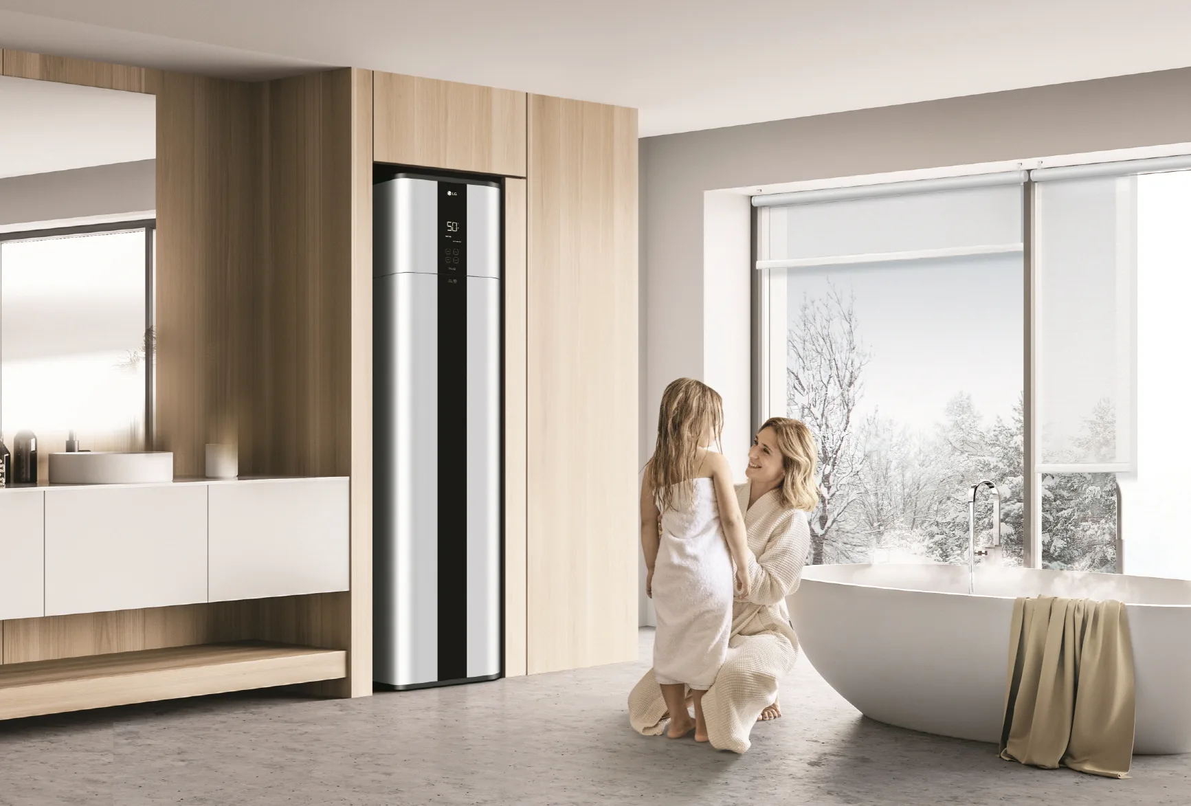 LG-warmtepompboiler in een lichte badkamer met vrijstaand bad