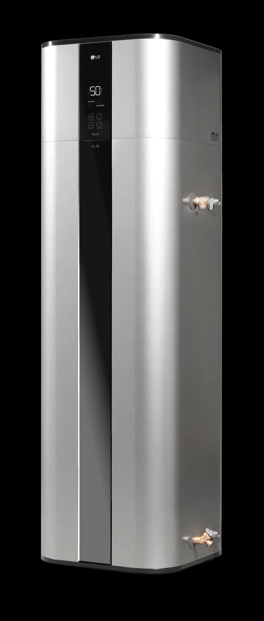 LG Therma V warmtepompboiler in driekwartzicht met wateraansluitingen aan de zijkant